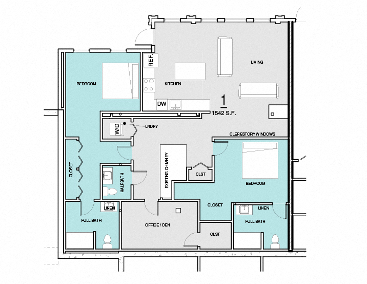 Floor plan for 2 beds, 2.5 baths, 1542 sqft